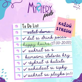 Každú stredu je pre vás Mystery otvorené ako bežný pub! 😍 Príďte si k nám zahrať stolné hry, kalčeto, beerpong, šípky,...