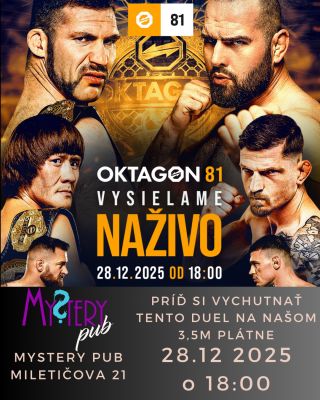 Ďalší OKTAGON v Mystery pube. OKTAGON 81: FLEURY vs. BUDY už 28.12. o 18:00. Ak si chcete zarezervovať najlepšie miesto...
